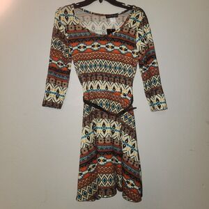 French Atmosphere Size XL Midi Dress Geometric Aztec Print Belted Southwest Boho